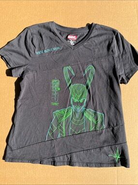 Marvel Loki Neon Green Graphic V-Neck Asymmetric Panel T-Shirt Size S